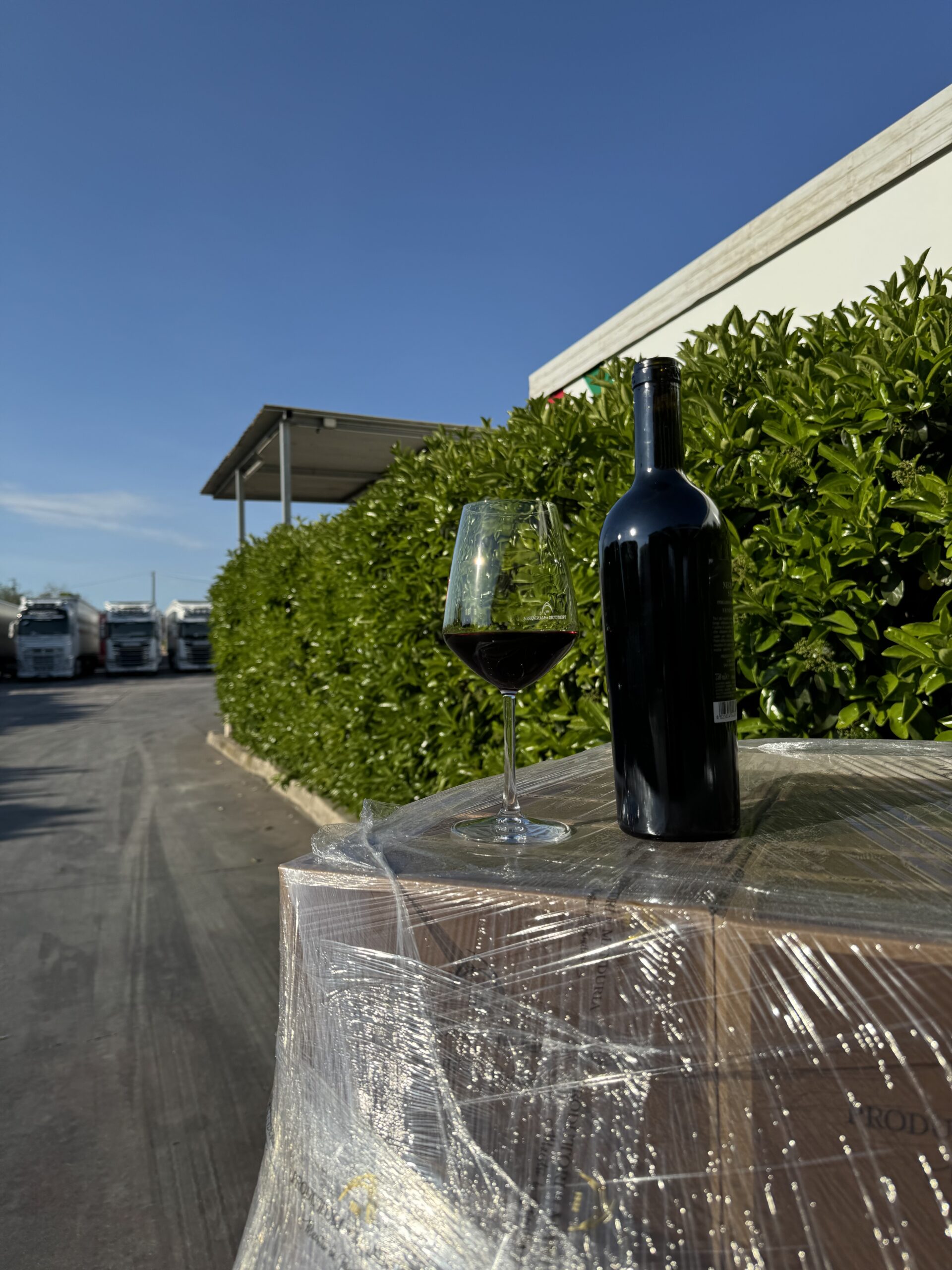 Bottiglia di vino su pallet in ambiente logistico, rappresentativa della gestione delle accise.